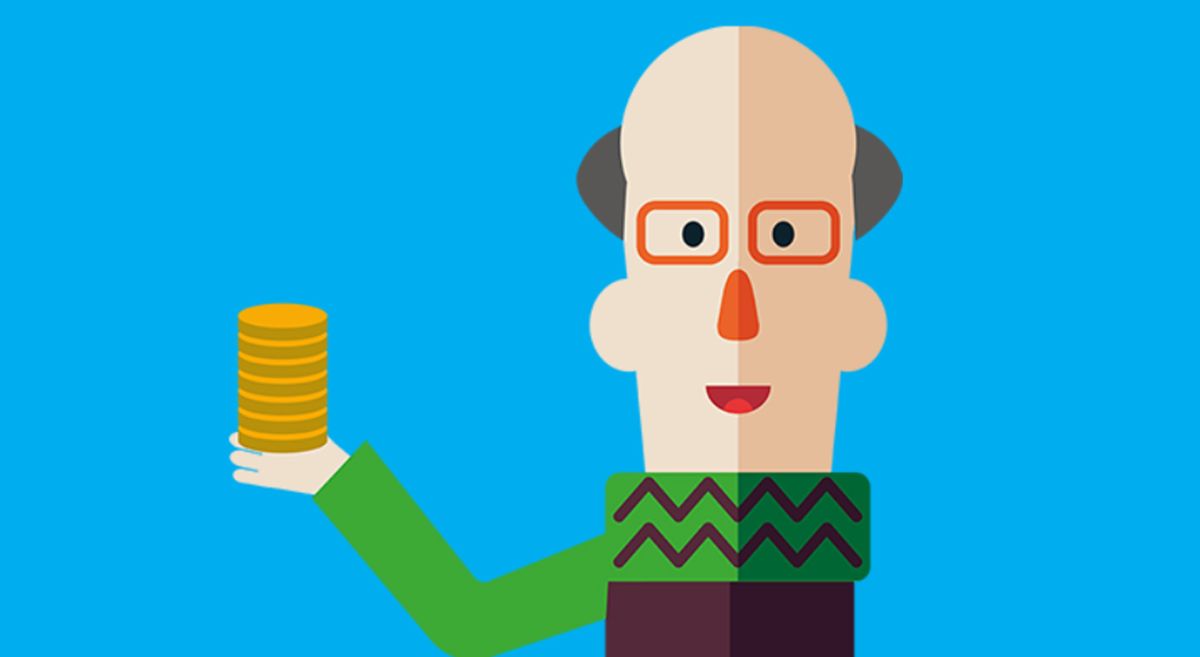 Picture of a cartoon person holding a stack of coins